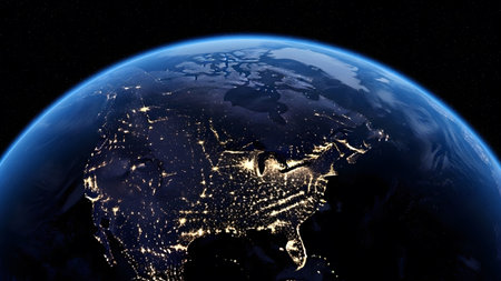 Illuminated showing north america illuminated by city lights at night as viewed from space with...
