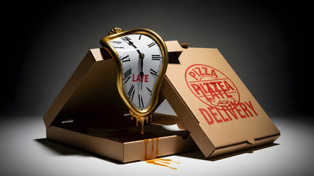Word showing melting clock with the word late on a pizza box with delivery text. resolution...