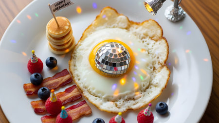 Stock showing party breakfast with fried egg disco ball bacon and mini party hats.
