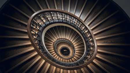 Spiral showing ornate spiral staircase with dark wood and wrought iron railing viewed from...の写真素材