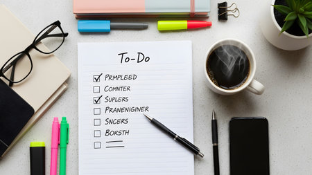 Pens showing overhead view of a to-do list with checkmarks, pens, coffee, glasses, and...