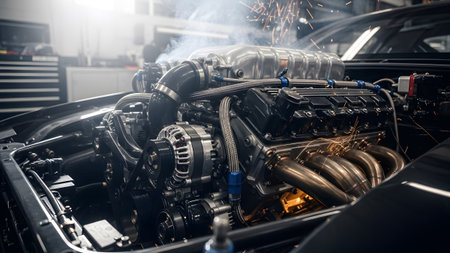 Exhaust showing performance car engine with chrome supercharger and exhaust manifold sparks...