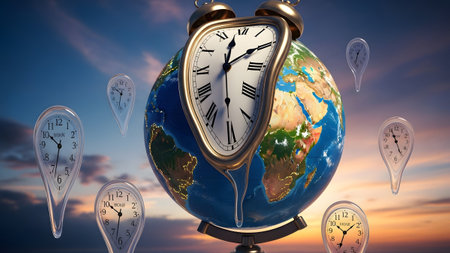 Sunset showing multiple melting clocks surround a large melting clock draped over the earth...の写真素材