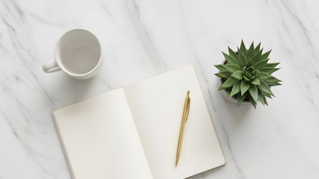 Overhead showing overhead view of an open notebook, gold pen, white mug, and succulent plant on...