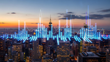 Sound showing new york city skyline at dusk with blue and white digital sound wave and equalizer...