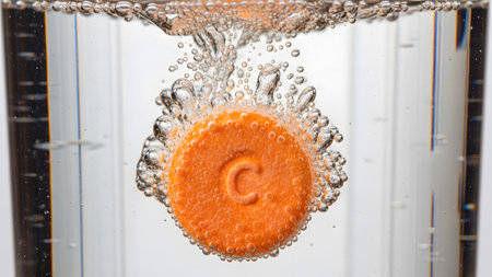 Effervescent showing orange effervescent tablet with letter c embossed dissolving in clear water...の写真素材