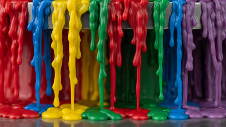 Abstract view of multi-colored wax drips in red blue yellow green and purple melting and pooling.の写真素材