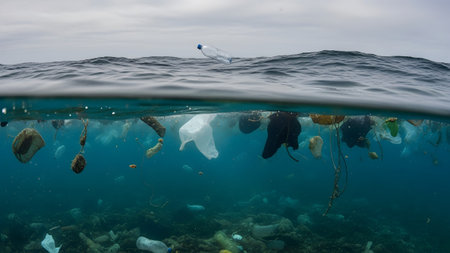 Overlapping showing overlapping ocean view with plastic bags and bottles floating above seabed...
