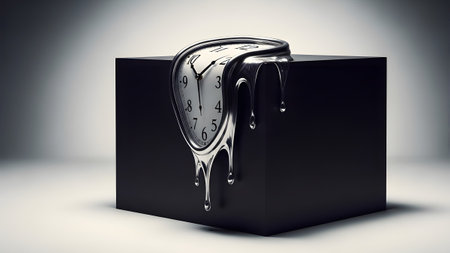 A surreal melting clock with Roman numerals drips over a solid black cube under studio lighting.