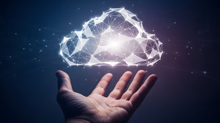Information showing open palm supporting a bright geometric cloud formed by interconnected lines...