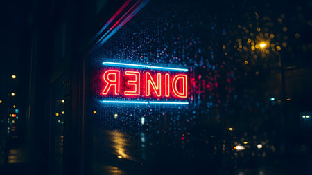 The red neon diner sign is reflected in a wet window at night, with blurred city lights in the...