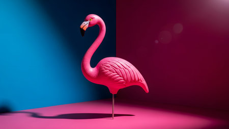 Tall showing pink flamingo figurine standing tall against contrasting blue and magenta walls...の写真素材