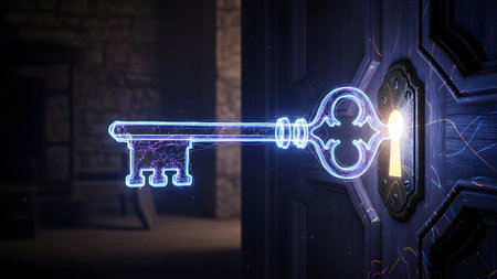 A neon key with a blue and purple outline enters a dark wooden door's keyhole, emitting light.の写真素材
