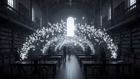 People in a grand library interact with a luminous cloud of white letters and symbols,...の写真素材