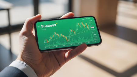 A hand holds a smartphone displaying a detailed stock market trading chart with candlesticks and...