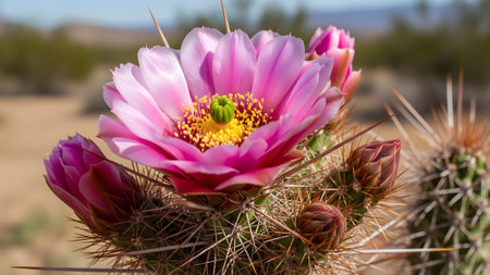 Several pink cactus flowers and closed buds are visible on a spiny green plant against a blurred...の写真素材