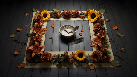 Roses showing overhead view of a square frame made of orange roses and sunflowers with a small...の写真素材