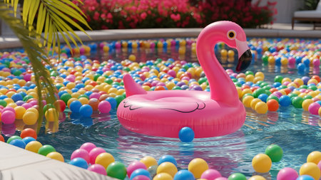 Pool showing pink flamingo inflatable amidst a sea of colorful balls in a swimming pool.