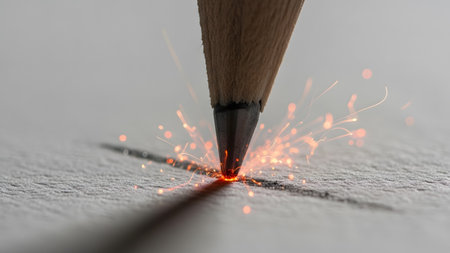 A pencil tip glows with orange light and emits sparks while a sharp line on a textured paper...