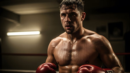A muscular male boxer's chest and shoulders glisten with sweat, his face showing intense focus...の写真素材