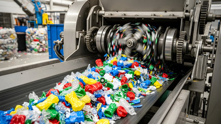 Machinery showing plastic bottle caps and fragments in bright red blue yellow and green colors...の写真素材