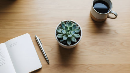 A warm wooden desk holds an open notebook with a pen, a green succulent, and a coffee mug.の写真素材
