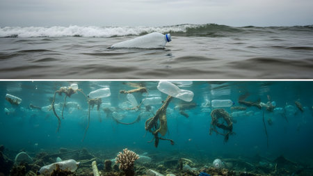 Floating showing plastic bottle floating on ocean surface above underwater pollution and debris....