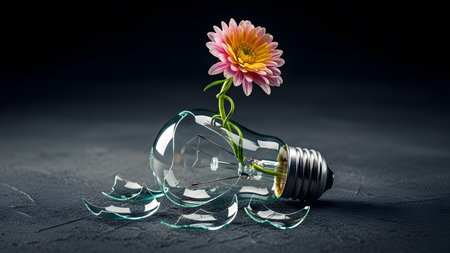 Textured showing pink and yellow flower growing from a broken light bulb on a dark textured...の写真素材