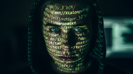 A person in a dark hoodie with glowing green code projected onto their face, eyes visible.