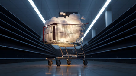 Shopping showing shopping cart filled with fluffy white clouds in a dimly lit aisle with empty...の写真素材