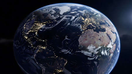 View of Earth from space showing continents with both daytime clouds and nighttime city lights...
