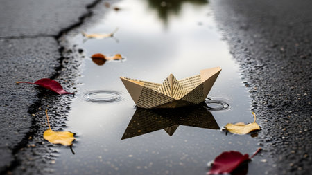 A paper boat with text floats in a puddle on asphalt, surrounded by fallen red and yellow autumn...の写真素材