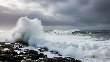 A large white wave explodes against dark, wet rocks under a dramatic, overcast sky with sunlight...