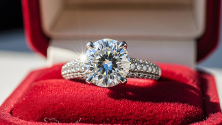 A radiant diamond engagement ring with a pave band gleams in the sunlight, nestled inside a...の写真素材