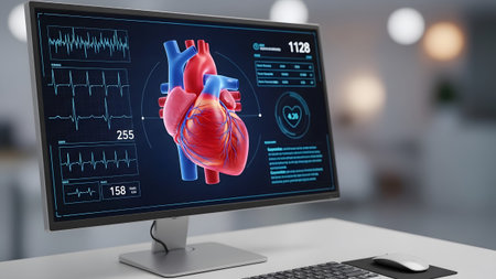 A detailed 3D model of a human heart is shown on a computer screen displaying medical charts and...の写真素材