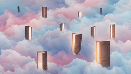 Dreamscape showing numerous doors opening to soft pink and blue clouds in a surreal dreamscape...の写真素材