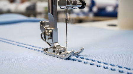 Needle showing sewing machine needle and presser foot stitching blue fabric with white thread....