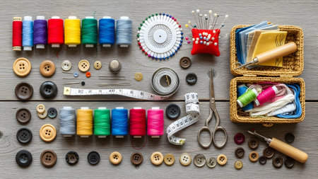(3992) showing sewing supplies on a grey wooden table including thread spools, buttons, pins,...