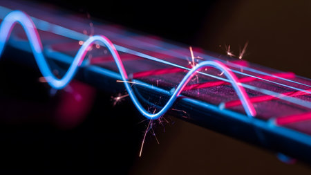 Sound showing red and blue neon sound waves with sparks on guitar strings.
