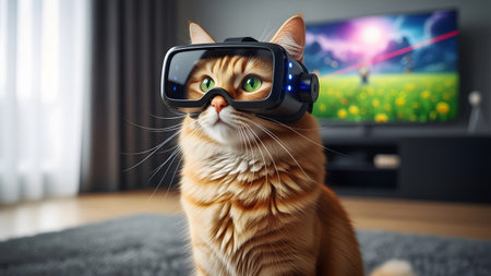Orange tabby cat wearing a black virtual reality headset with blue lights and...の写真素材
