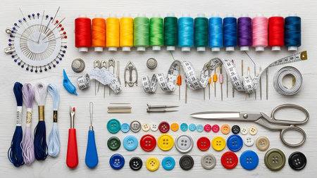 Colored showing rainbow colored thread spools and sewing notions laid out on a white wooden...