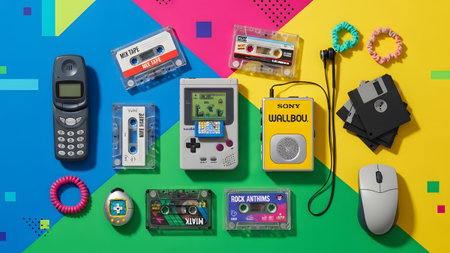 Background showing retro 90s technology and entertainment gadgets arranged on a colorful...の写真素材