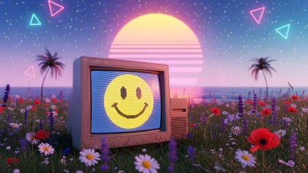 A vintage computer a pixelated smiley face amidst a flower field under a retro sunset sky.の写真素材