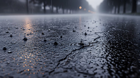 Raindrops create ripples on a dark, cracked asphalt road with blurred yellow streetlights in the...の写真素材