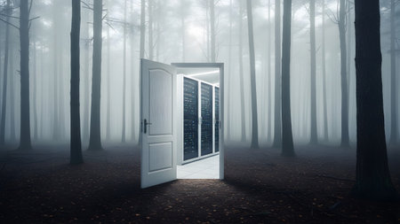 A white door stands open in a dark, misty forest, leading to a room filled with glowing blue servers.の写真素材