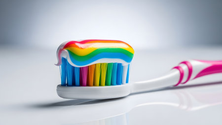 A white toothbrush with pink accents holds rainbow-colored toothpaste on its bristles on a white...の写真素材