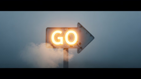 (1689) showing rusty arrow sign with the word go illuminated by warm orange light amidst fog....