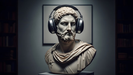 A marble bust of a Roman emperor with a beard wears modern silver and black headphones, set in a...の写真素材