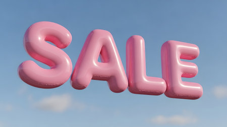 The word SALE is spelled out in large, puffy pink inflatable letters floating against a bright...の写真素材