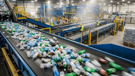 Arms showing overhead view of plastic bottles on a conveyor belt in a recycling facility with...の写真素材